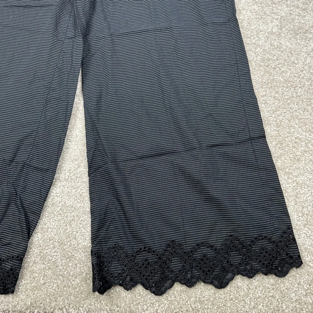 Khaadi Black Striped Wide Leg Pants Eyelet Lace Hem Cotton Blend Trousers